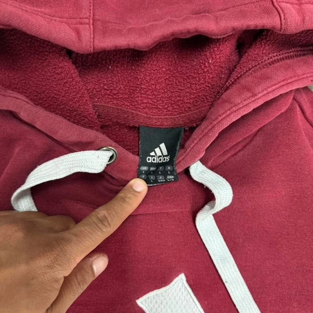 Y2K Burgundy and White Adidas‎ Hoodie Size L
